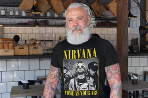 Man wearing a Nirvana t-shirt in a casual setting